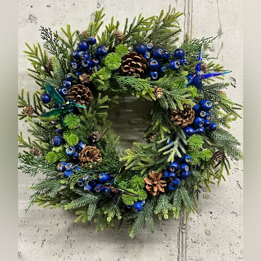 Hand Crafted Mixed Pine Blueberry Hummingbird Wreath Natural Touch Pine 18” Dia
